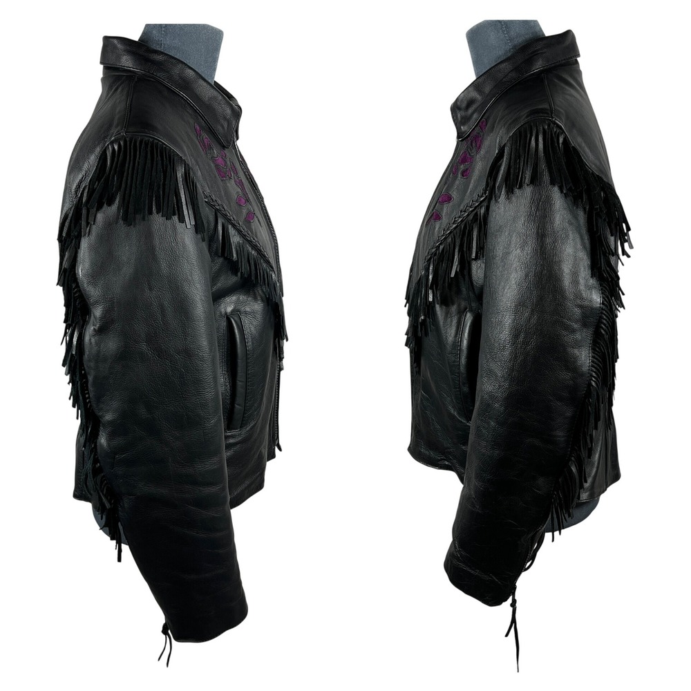 UNIK Leather Fringe Biker Jacket Small Black Purple Rose Inlay Motorcycle Goth - Picture 15 of 15